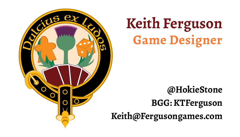 Ferguson Games business card, front Example of front side of Ferguson Games business cards featuring logo and owner Keith Ferguson's name, title, and social media handles.