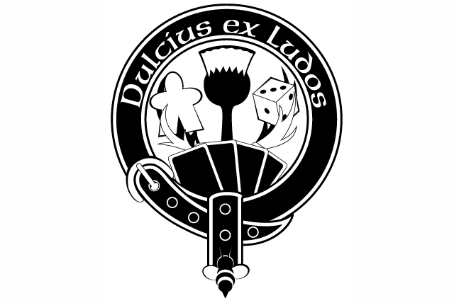 A belt with a bee end cap encircles a thistle holding a game piece and a die. A fan of playing cards is in front of the thistle. 'Dulcius ex Ludos' (Sweeter through Games) is written on the belt. A belt with a bee end cap encircles a thistle holding a game piece and a die. A fan of playing cards is in front of the thistle. 'Dulcius ex Ludos' (Sweeter through Games) is written on the belt.