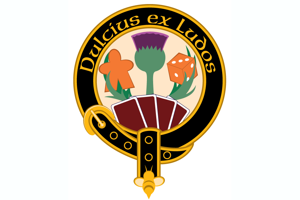 Color version of logo displaying a belt with a bee end cap encircles a thistle holding a game piece and a die. A fan of playing cards is in front of the thistle. 'Dulcius ex Ludos' (Sweeter through Games) is written on the belt.