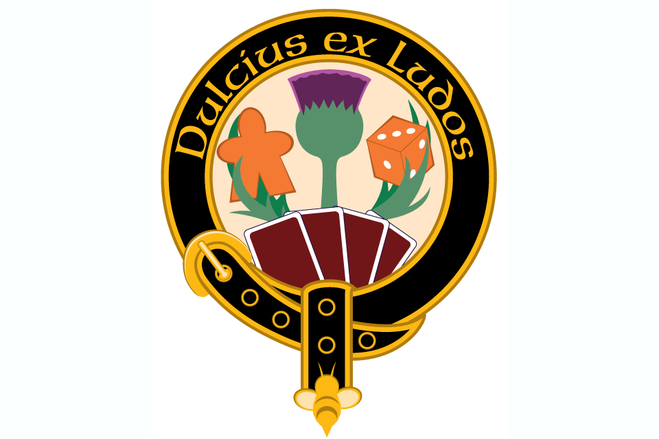 Color version of logo Color version of logo displaying a belt with a bee end cap encircles a thistle holding a game piece and a die. A fan of playing cards is in front of the thistle. 'Dulcius ex Ludos' (Sweeter through Games) is written on the belt.