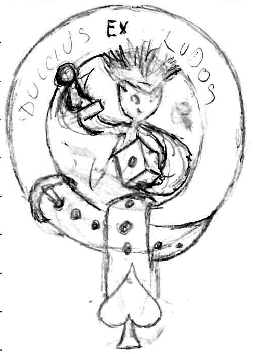 Ferguson sketch 1: A belt with a spade end cap encircles a thistle rolling a die. 'Dulcius ex Ludos' (Sweeter through Games) is written on the belt. Ferguson sketch 1: A belt with a spade end cap encircles a thistle rolling a die. 'Dulcius ex Ludos' (Sweeter through Games) is written on the belt.