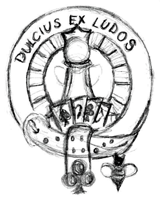 A belt with a club card suit symbol end cap encircles a Queen chess piece. Behind the Queen is a poker chip. In front of the Queen is a fan of playing cards. 'Dulcius ex Ludos' (Sweeter through Games) is written on the belt. A belt with a club card suit symbol end cap encircles a Queen chess piece. Behind the Queen is a poker chip. In front of the Queen is a fan of playing cards. 'Dulcius ex Ludos' (Sweeter through Games) is written on the belt.